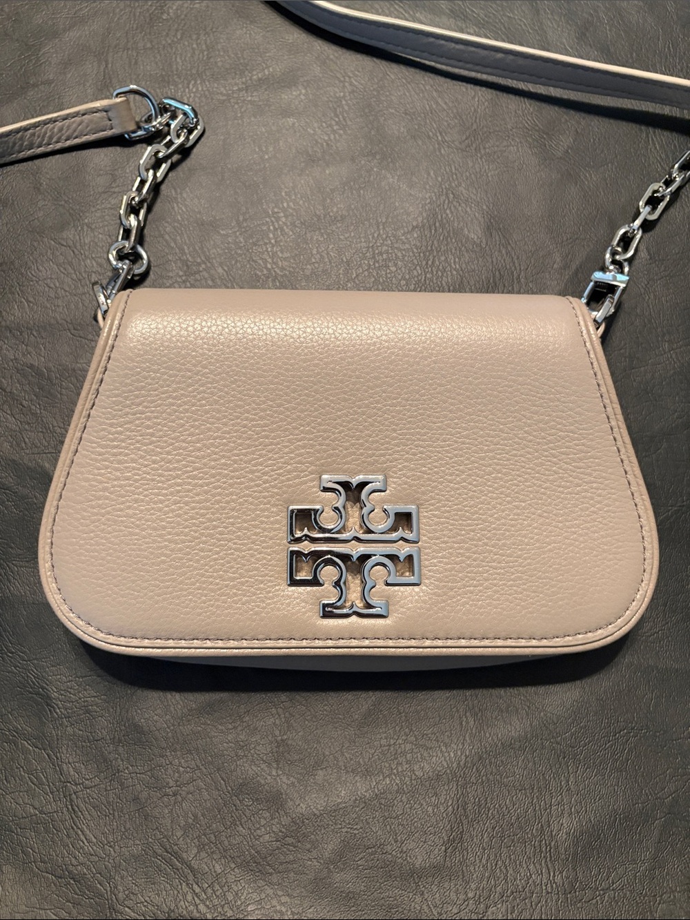 Tory Burch Pebbled Leather Crossbody - Taupe Beige with Silver Hardware
